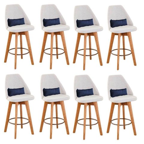 Kit 08 Banquetas Linho Bege E Almofada Suede Azul Marinho