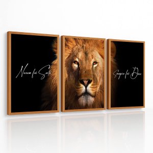 Kit 3 Quadros Decoração Grande Nunca Foi Sorte Leão para Sala Quarto com Moldura 40x60cm