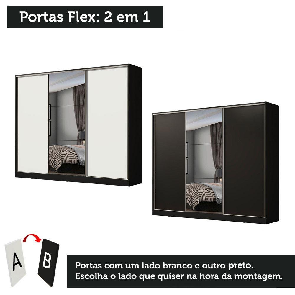 Guarda Roupa Casal 100% Mdf Madesa Zurique 3 Portas de Correr com Espelho - Preto - 10