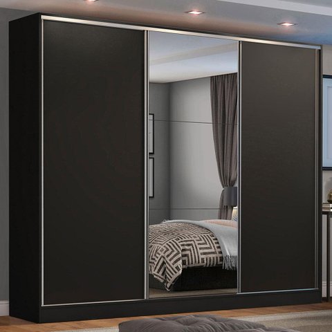 Guarda Roupa Casal 100% Mdf Madesa Zurique 3 Portas de Correr com Espelho - Preto