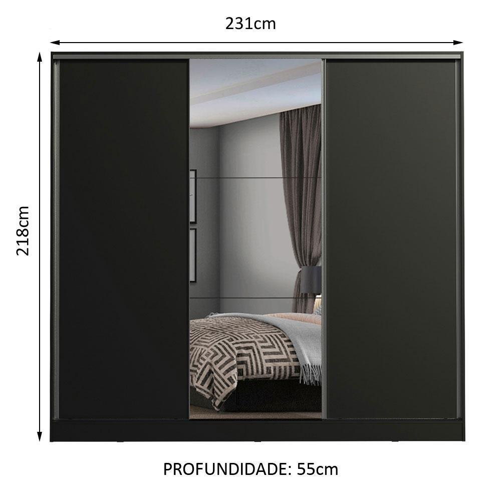 Guarda Roupa Casal 100% Mdf Madesa Zurique 3 Portas de Correr com Espelho - Preto - 3