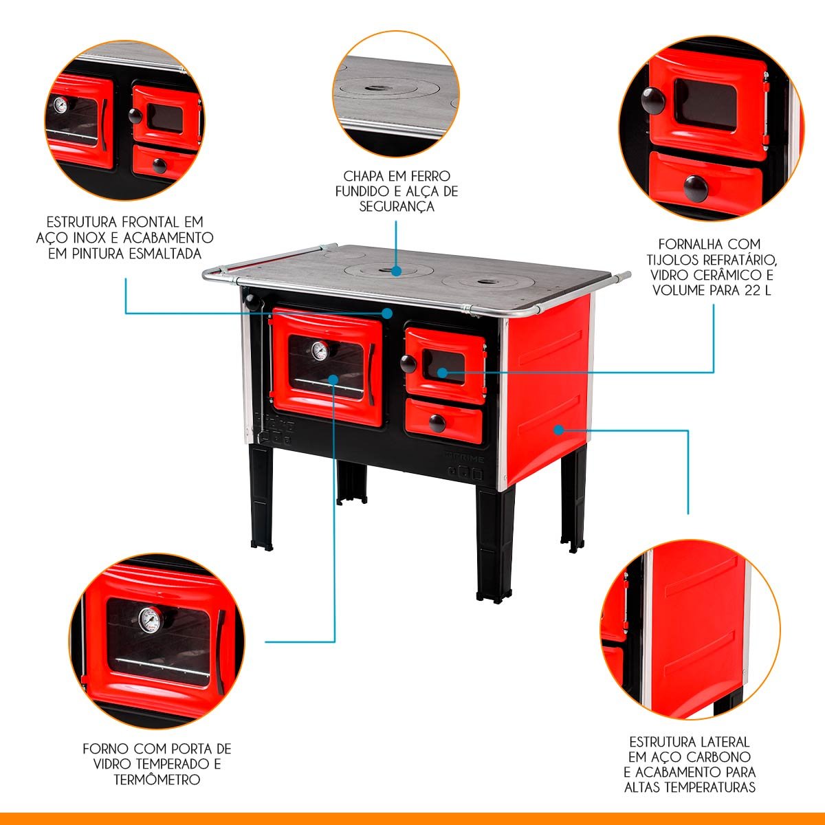 Fogão a Lenha com Forno E 99 x 79 cm Porta de Vidro H-Prime Aço