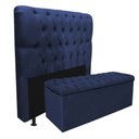 Ver imagem 1 de Kit Cabeceira + Calçadeira Baú Capitonê Livia 90cm Solteiro Para Cama Box Corino Azul Marinho - Gat