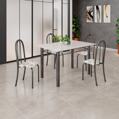 Conjunto de Mesa Tubular 120cm x 75cm Tampo em Vidro com 4 Cadeiras Iris B Prata/Off White