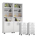 Ver imagem 1 de Kit 2 Gaveteiros para Escritório Gávea com Chave e 2 Livreiros Office com Portas Pequenas Branco Fos