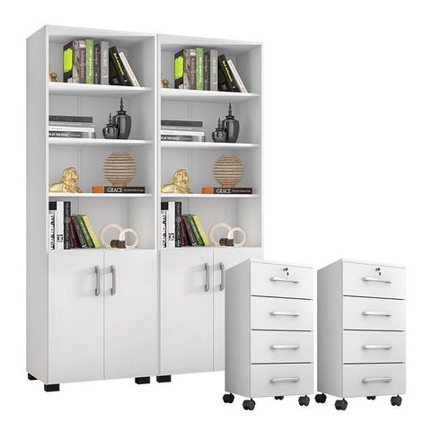 Kit 2 Gaveteiros para Escritório Gávea com Chave e 2 Livreiros Office com Portas Pequenas Branco Fos