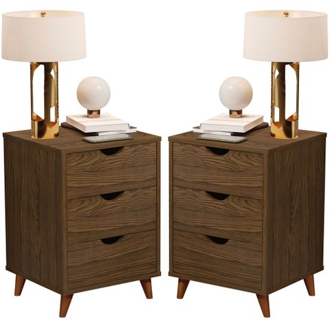 Conjunto 2 Mesa de Cabeceira Grécia Plus 3 Gavetas - Canela