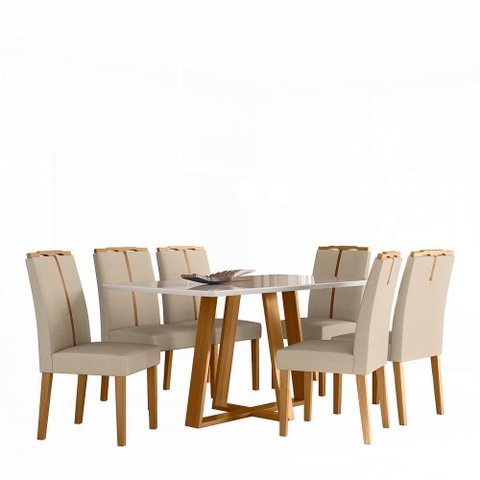 Conjunto Sala de Jantar Mesa Lectus 160x90 6 Cadeiras Serena Ype/off White/linho Palha