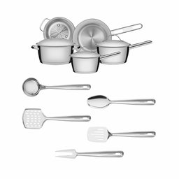 Kit Cozinha Panelas Allegra Aço Inox Fundo Triplo 10 Peças Com Utensílios - Tramontina - 1 Kit Cozinha Panelas Allegra Aço Inox Fundo Triplo 10 Peças Com Utensílios - Tramontina - 1