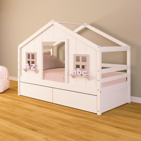 Cama Casinha Dos Sonhos com 02 Gavetas Madeira Maciça Branco/ Rosa Housin