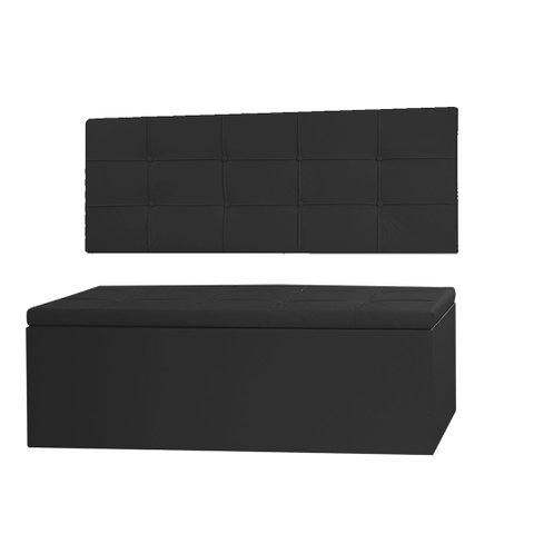 Kit Cabeceira Painel e Calçadeira Baú Queen 1,60m Roma Material Sintético Preto Sky Mobile