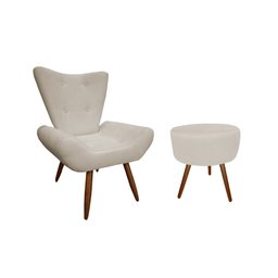 Kit Poltrona Decorativa Emilia + Puff Redondo Suede Bege Pés Madeira Mz Decor - 1