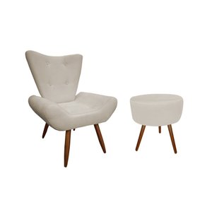 Kit Poltrona Decorativa Emilia + Puff Redondo Suede Bege Pés Madeira Mz Decor