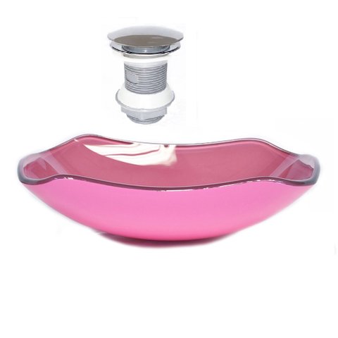 CUBA DE VIDRO ABAULADA 45CM ROSA + VALVULA CLICK