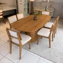 Ver imagem 1 de Conjunto Mesa Jantar 200 cm X 100 cm Tampo Barril com 6 Cadeiras Tela Palha e Assento Estofado 100%