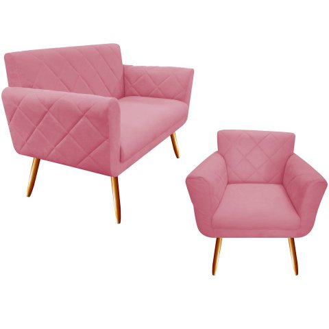 Kit Namoradeira + 1 Poltrona Decorativa Sabrina Suede Rosa Pés Madeira Mz Decor