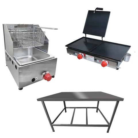 Kit Lanchonete Mesa de Manipulação 100x55cm + Fritadeira a Gás 1 Cuba + Chapa a Gás 60cm