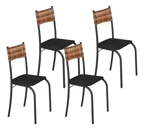 Kit 4 Cadeiras Atlanta Corino Tempest Preto e Rattan Carvalho Tubo Martelado
