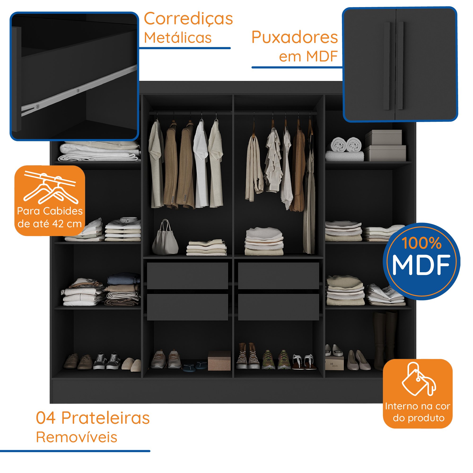 Guarda Roupa Casal 100% MDF 8 Portas 4 Gavetas Jatobá Yescasa - 5