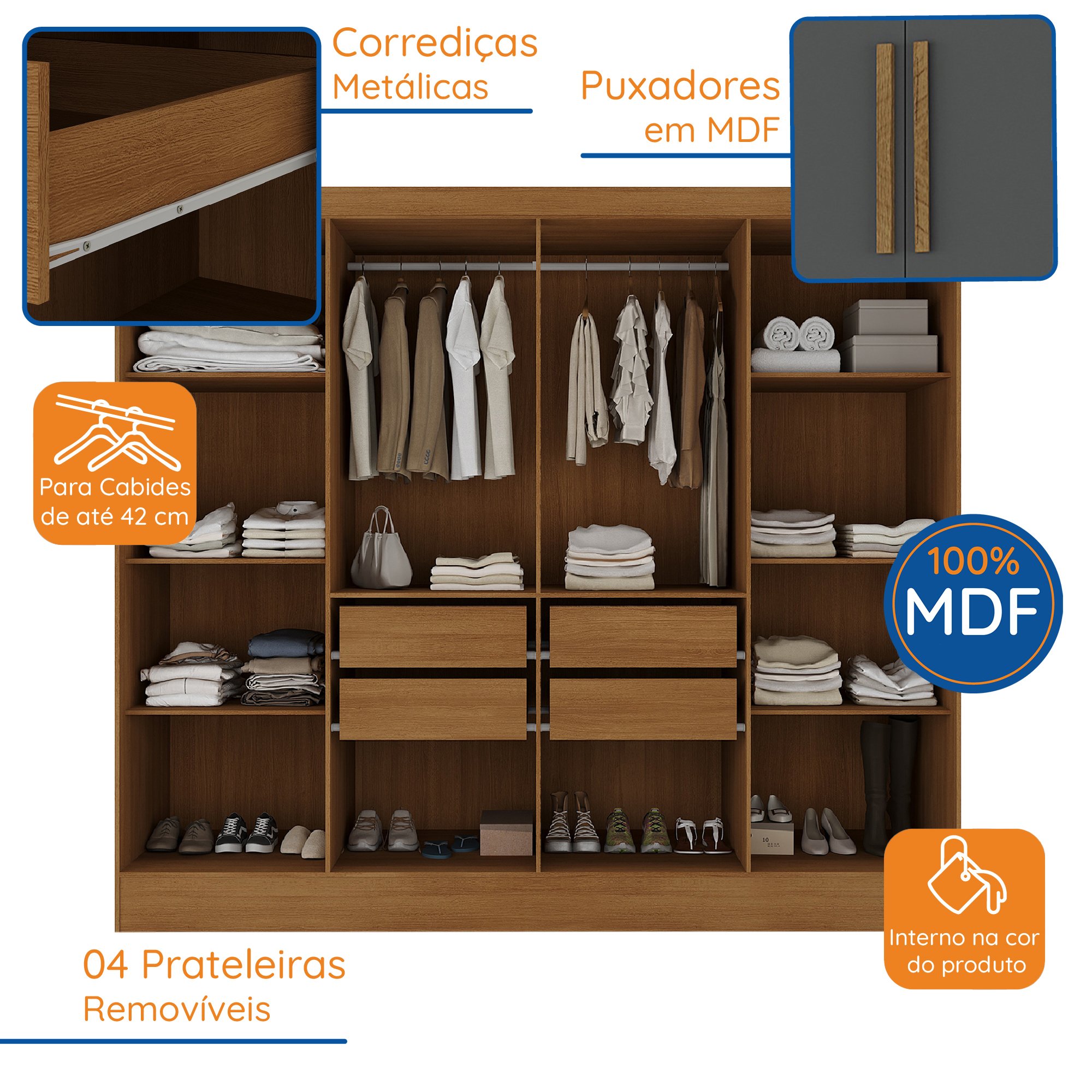 Guarda Roupa Casal 100% MDF 8 Portas 4 Gavetas Jatobá Yescasa - 5