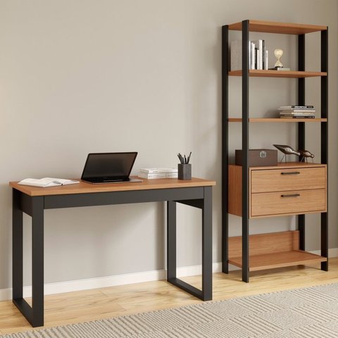 Kit 2 Peças com Escrivaninha 1 Gaveta 118cm e Estante Torre 2 Gavetas 100% MDF