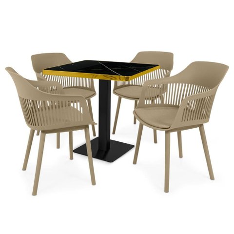Conjunto Mesa de Jantar Quadrada Venezia 70x70cm Preta com 4 Cadeiras Estofadas Marcela - Nude