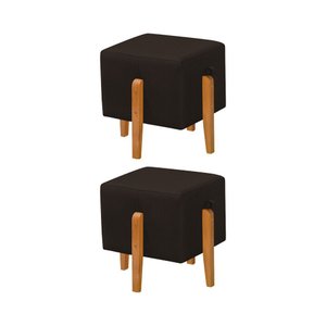Kit 2 Puffs Quadrado Pés em Madeira Maciça Fiji Linho Marrom Escuro