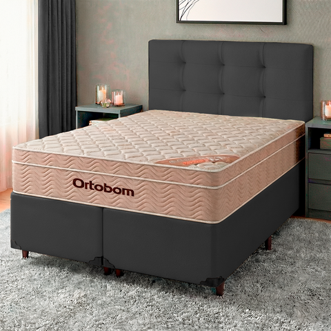 Cama Box + Colchão Casal Ortobom Molas Ensacadas Airtech + Cabeceira Estofada
