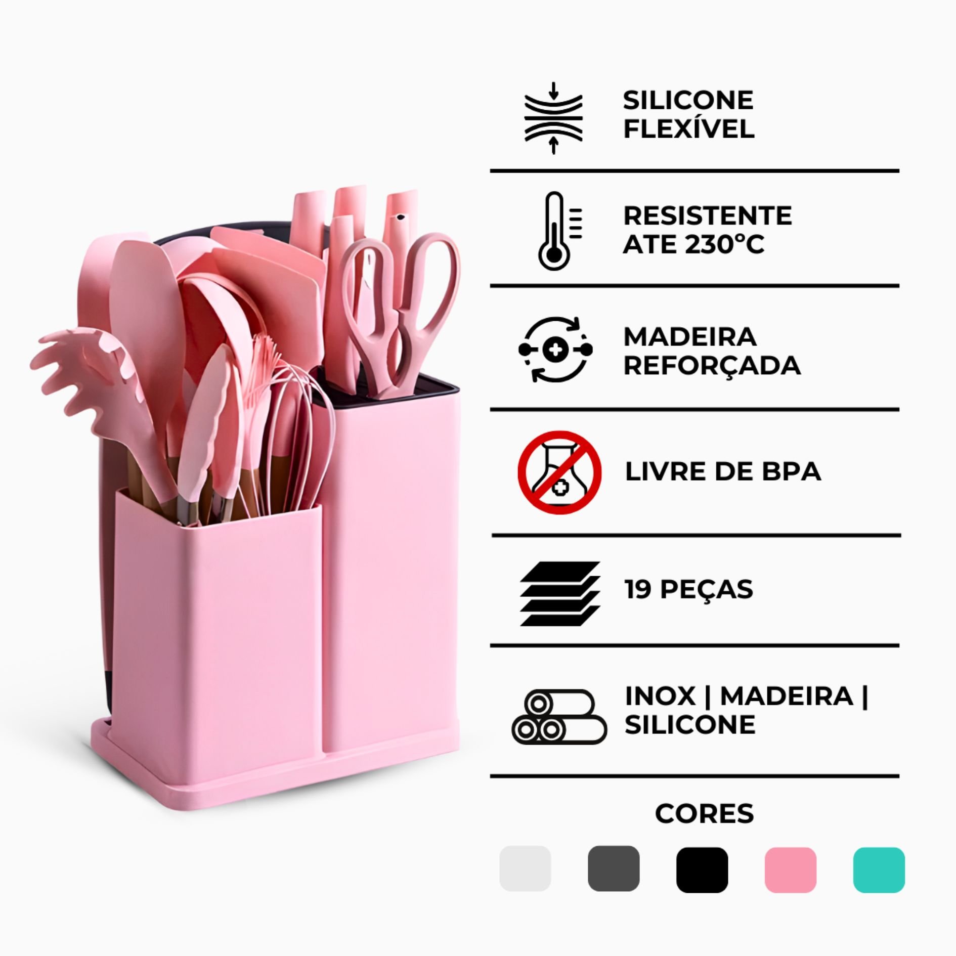 Kit Utensílios de Cozinha Jogo Completo 19 Peças - Rosa - 4