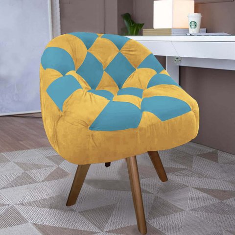 Poltrona Paloma Escritório Sala Giratória Madeira Suede Mostarda e Suede Azul Turquesa - Dominic Dec