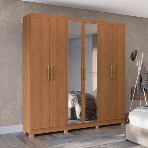 Guarda-Roupa Casal 6 Portas e 2 Gavetas com Espelho e Pés 235cm x 230cm Open Marrom/Canela