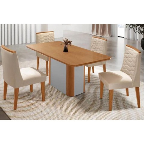 Conjunto: Mesa Sala Jantar Pietá Tampo Curvo 120cm+4 Cadeiras Maldivas Madeira Naturale/off White
