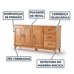 Buffet Aparador Rústico Madeira Maciça 3 Portas 3 Gavetas Bella Shop Jm - Carvalho - 3