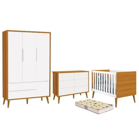 Dormitório Completo Infantil Theo 3 Portas, Cômoda 6 Gavetas, Berço Branco/Savana com Pés