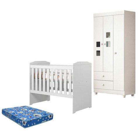 Berço Americano Carinho com Guarda Roupa Life Branco Acetinado Colchão Americano Ortobom - Tigus