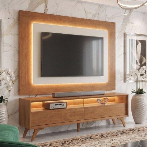 Rack com Painel para TV até 58 Polegadas com LED 100% MDF Pés em Madeira Maciça Austria
