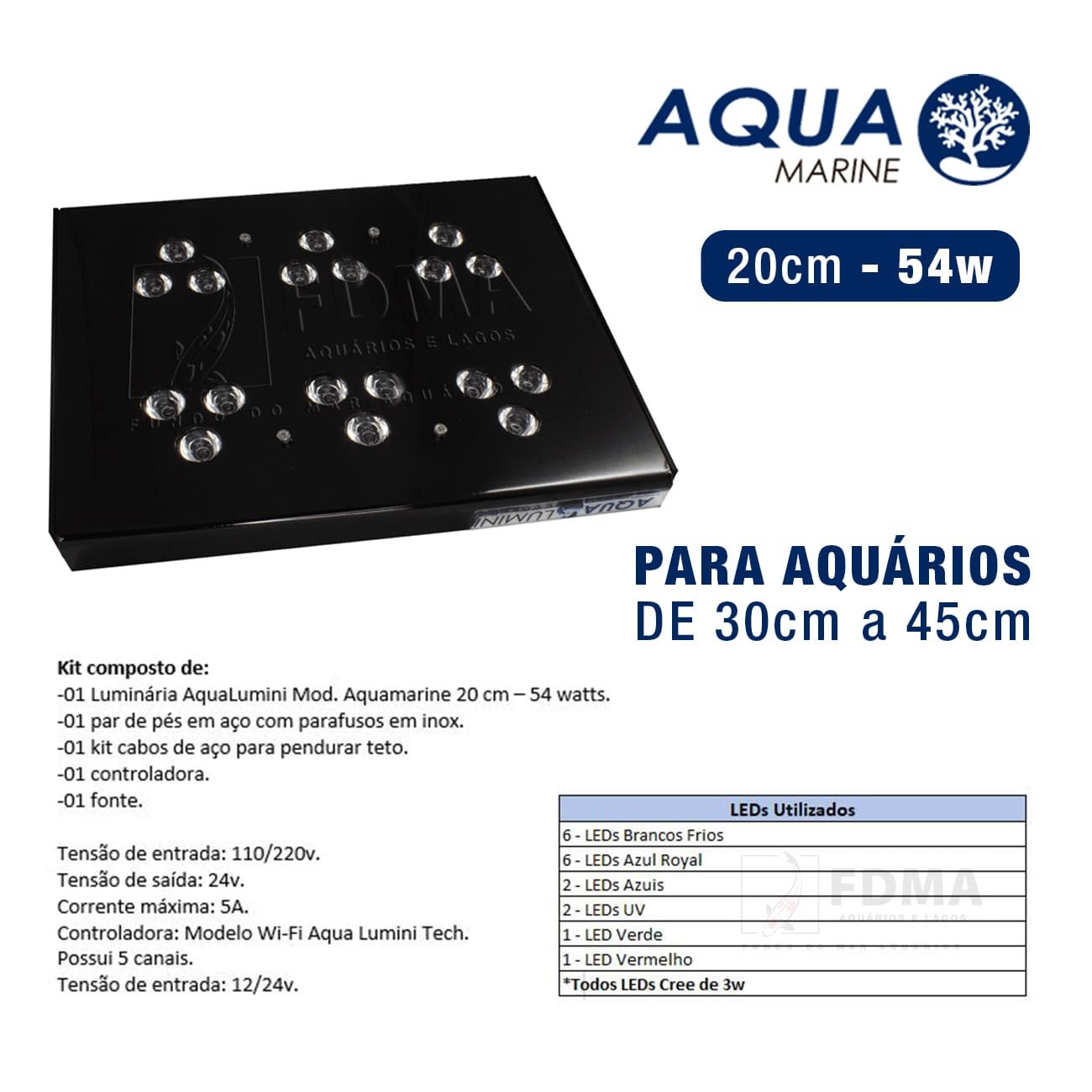 Luminária Aqualumini Tech Aqua Marine 20cm 54w Aquário Marinho - Bivolt - 3