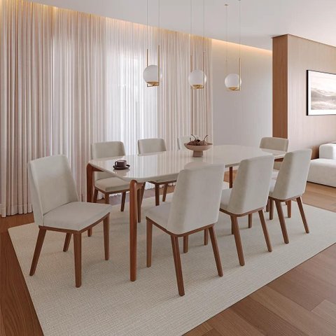 Conjunto de Jantar Mesa Retangular com Vidro Donatella 8 Cadeiras Kalina - Natural C/ Palha