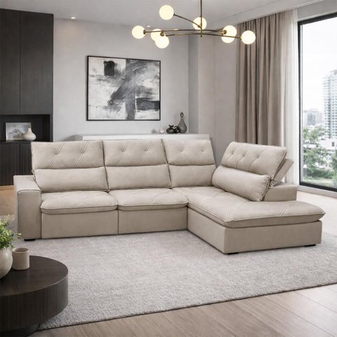 Sofá 3 Lugares Retrátil Reclinável Chaise Direito 258cm Bergen F04 Veludo Bege - Lyam Decor