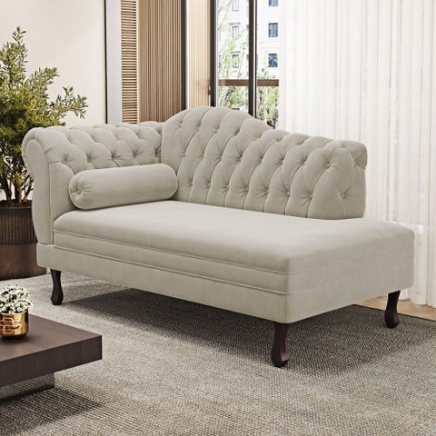 Divã Recamier Lavínia Clássico 120cm Capitonê com Pés de Madeira Veludo Bege Claro - Desk