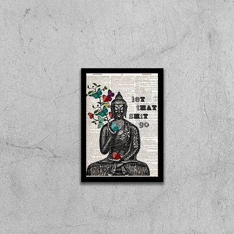 Quadro Buda Let That Shit Go 24x18cm - com vidro:Madeira branca