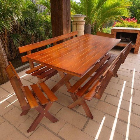 Conjunto Mesa de Madeira Maciça Rústica para Churrasco e 4 Bancos