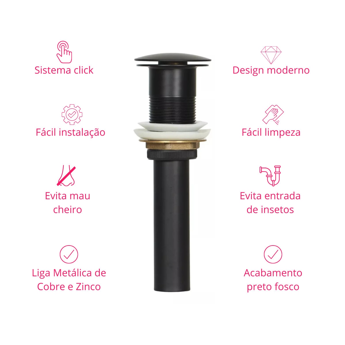 Válvula Click Inteligente Preto Fosco para Cubas Pia Banheiro Lavabo Ivc02 - 3