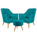 Ver imagem 1 de Kit 2 Poltronas Orion Bordada com Puff Solar Suede Azul Turquesa Aradecor