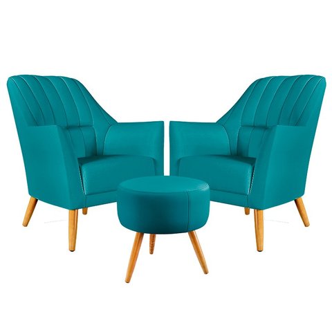 Kit 2 Poltronas Orion Bordada com Puff Solar Suede Azul Turquesa Aradecor