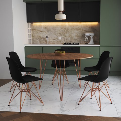 Mesa Jantar Redonda 110cm Amêndoa Clips 3 Pés com 5 Cadeiras Eames Eiffel Pretas Base Cobre