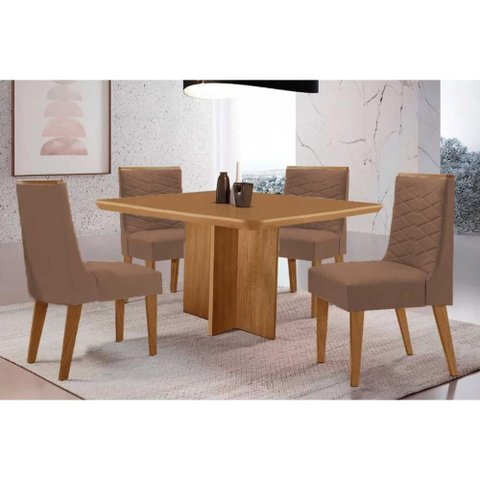 Conjunto: Mesa de Cozinha Berlim Tampo Curvo 90cm+4 Cadeiras Maldivas Madeira Naturale - Capuccino/