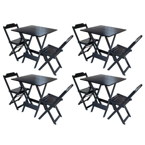 Kit 4 Jogos de Mesa Dobravel com 2 Cadeiras de Madeira 70x70 - Preto