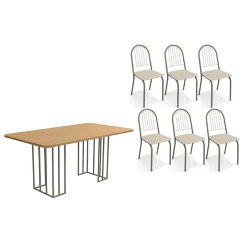Conjunto: Mesa de Cozinha Duina C/ Tampo de Madeira 160cm e 6 Cadeiras Noruega Niquel/freijo -