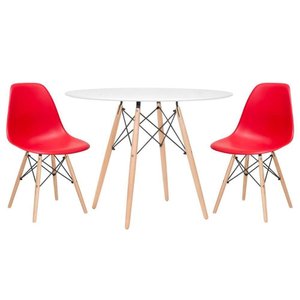 Mesa Redonda Eames 100cm Branco + 2 Cadeiras Vermelho